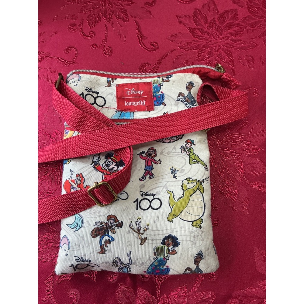 Disney 100 Loungefly Crossbody Bag Characters Music All Over Print White Red
